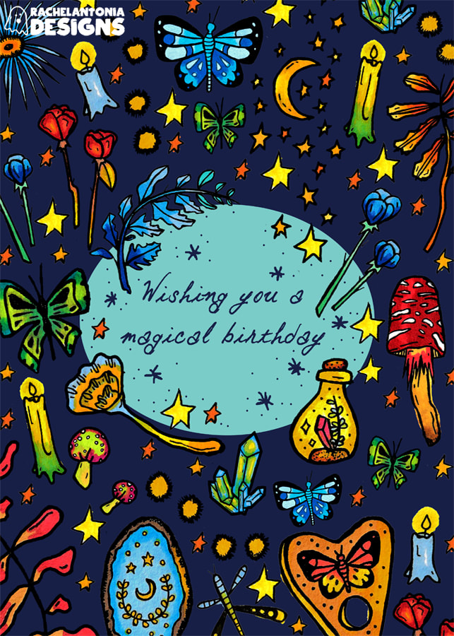 Illustration of a dark blue card with mushrooms, butterflies, stars, and candles that says wishing you a magical birthday