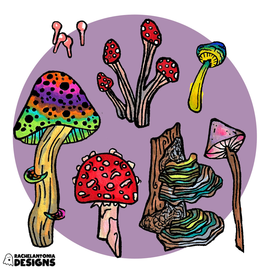 Illustration of individual icons including a string of red muhsrooms and other multicolor mushrooms