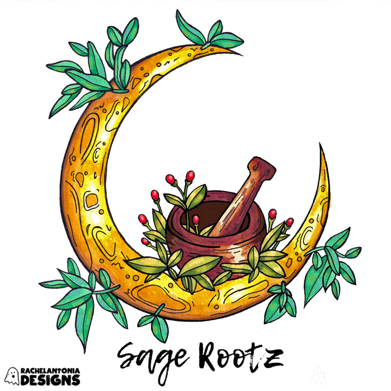 Logo with the words Sage Rootz and illustration of a mortar and pestle surrounded by berries and sage leaves on a crescent moon