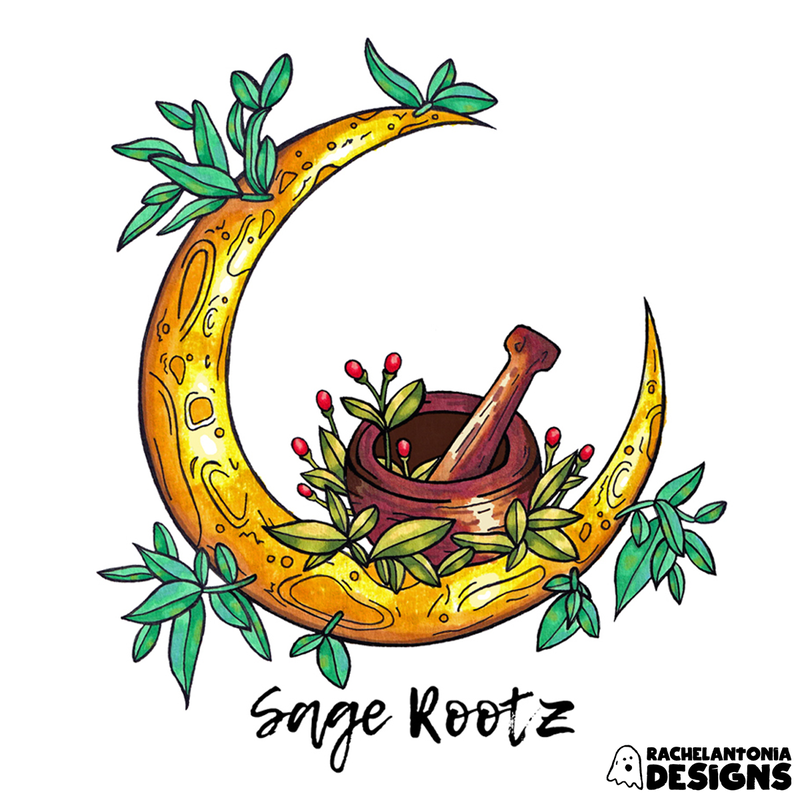 Logo design for Sage Rootz featuring an illustrated moon with mortar and pestle and leaves