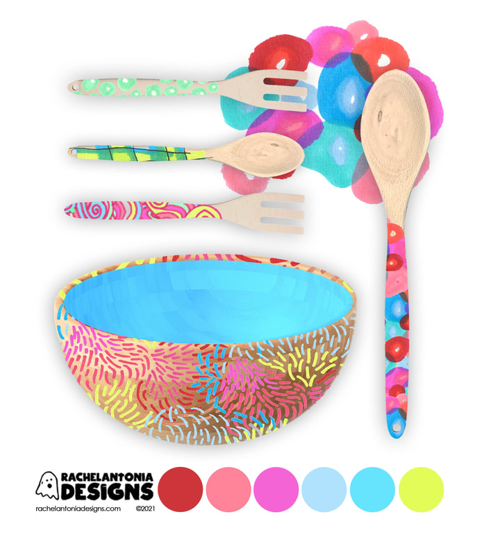 photo of a wooden bowl and spoon and fork collection rachel designed with various colors and patterns 