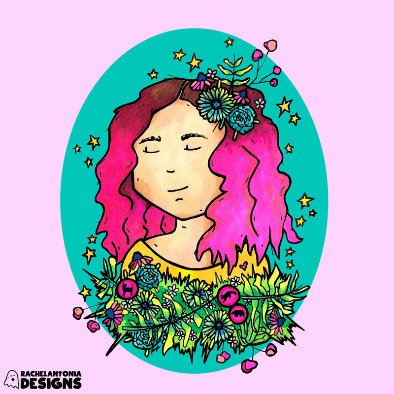 Illustration of a white woman with her eyes closed. her hair is bright pinkn and her hair and shoulders are covered in flowers