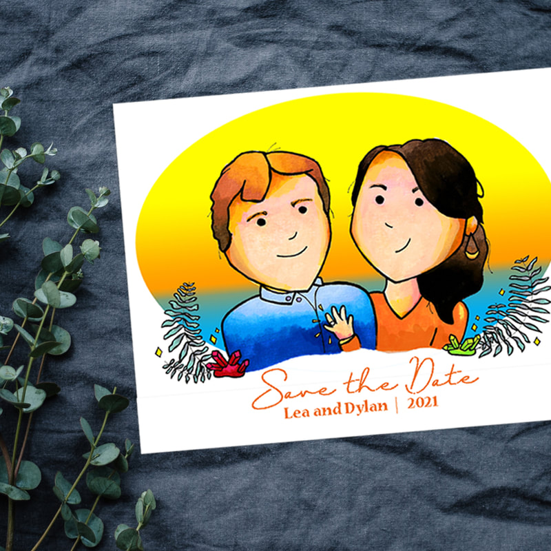 Save the date card featuring portraits of a woman with dark brown hair holding her ring and her husband with sunrise in the back