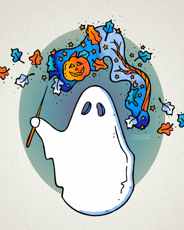 Illustration of ghost with magic wand and leaves