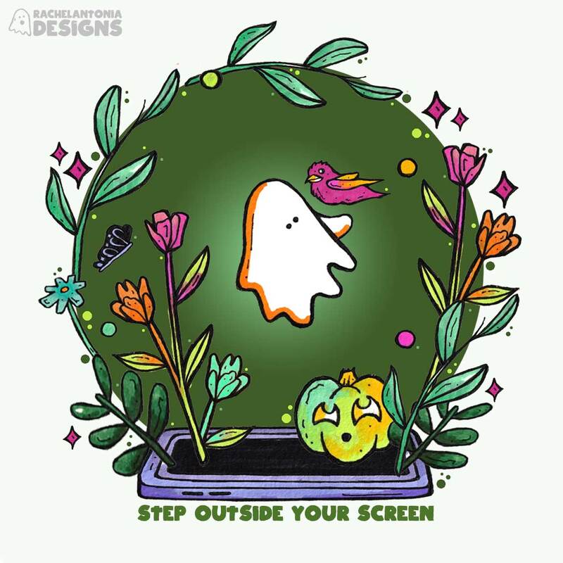 Illustration of a purple phone laying flat with florals and a ghost and pumpkin coming out of it. Text reads: Step Outside Your Screen