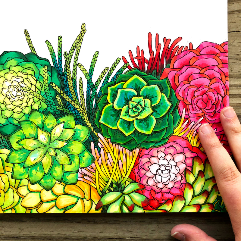 Green, yellow, and pink succulents hand drawn on the corner of a large white piece of paper