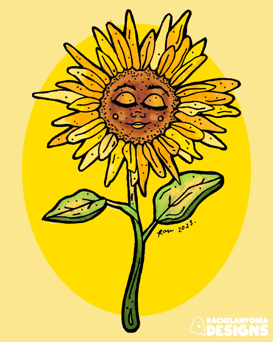 illustration of a sunflower with a sleeping face, the face is brown with golden details and the sunflower is shades of yellow