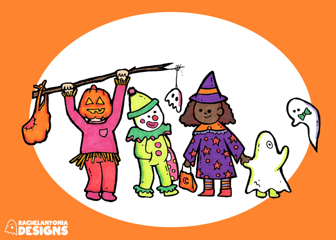 Illustration of 3 kids about 8 years old dressed up in halloween costumes as a scarecrow, a clown, and a witch. Another child about 5 has a full ghost costume on and is pointing to a real ghost wearing a bow tie
