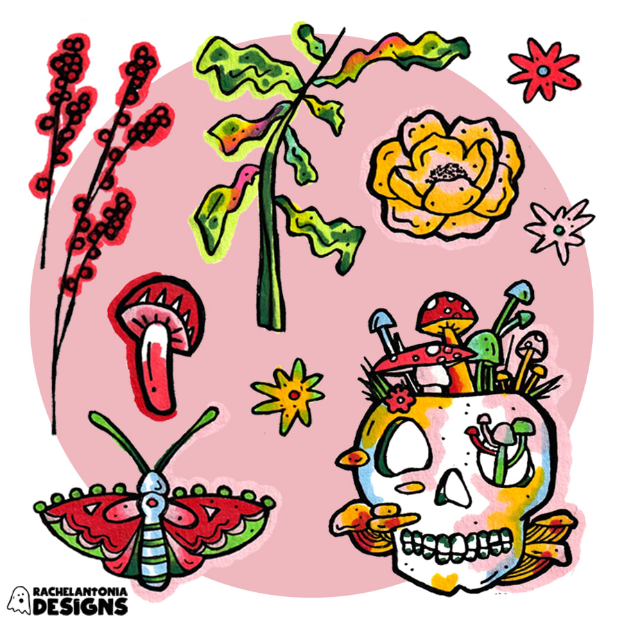Illustration of individual icons including a red mushroom, red berries, and a skull head with mushrooms in the skull