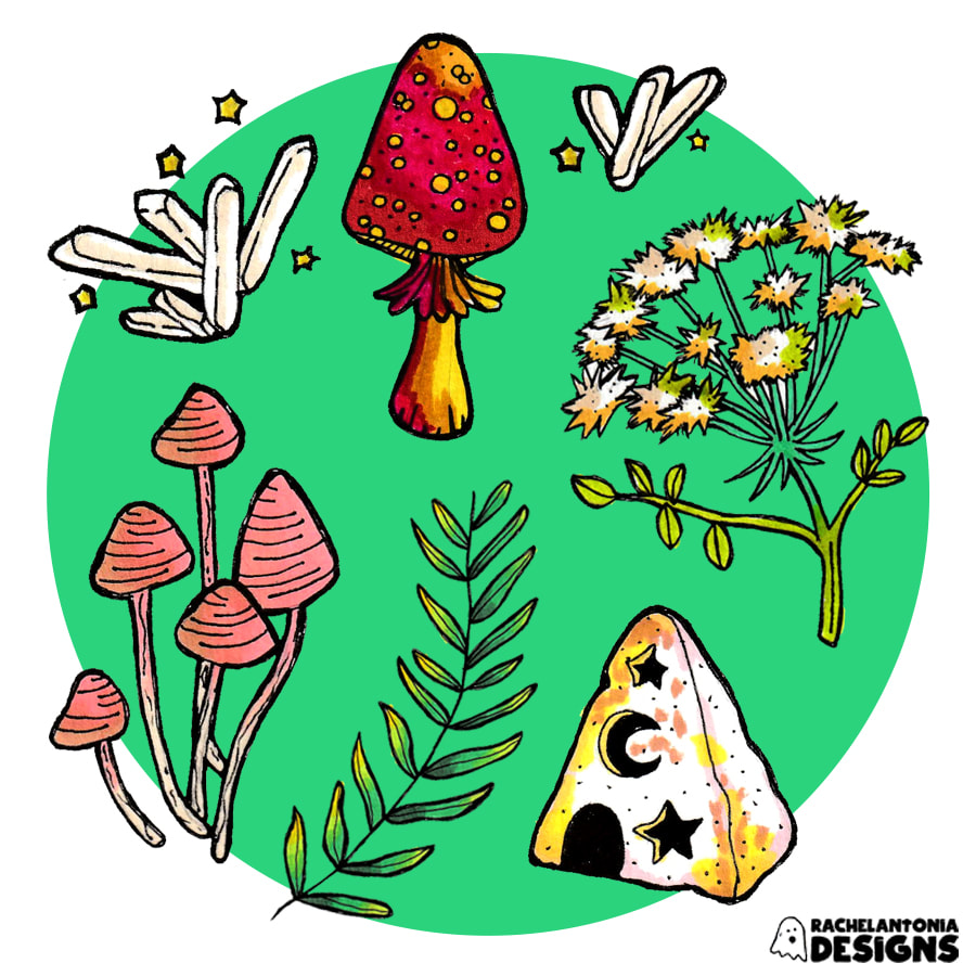Illustration of individual icons including a cluster of pink mushrooms, a large flower, and white crystals