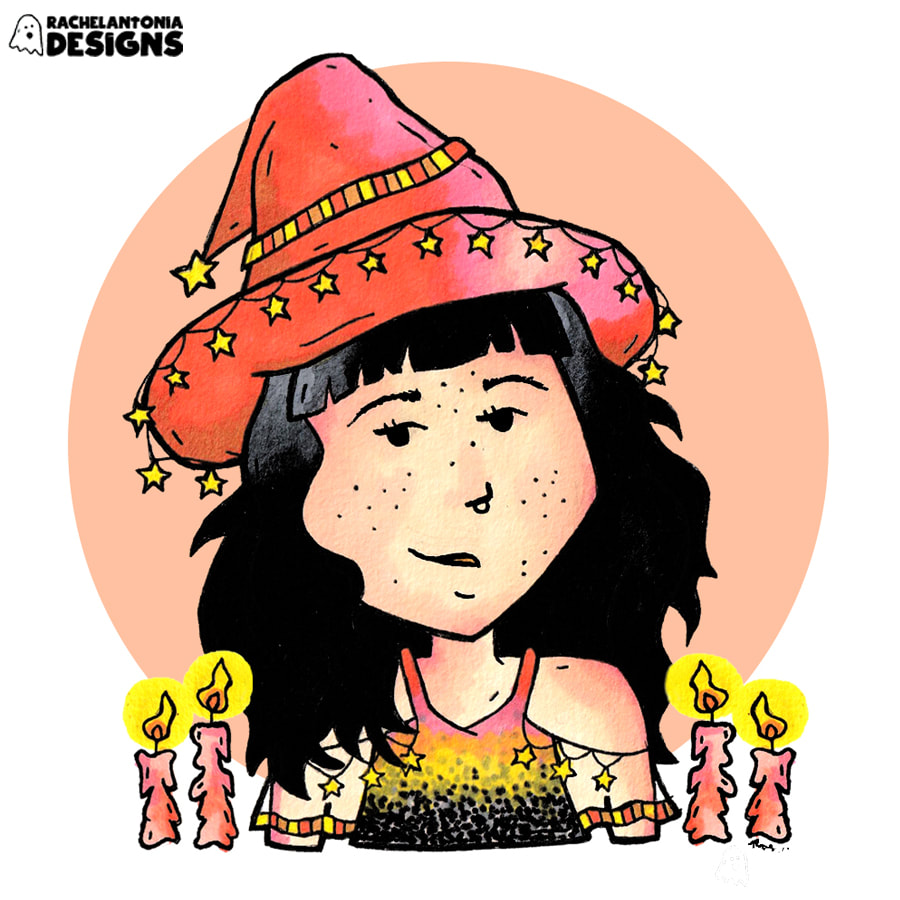 Illustration of a white woman with long black hair with bangs wearing a pink witches hat and flowy shirt with stars dangling from it