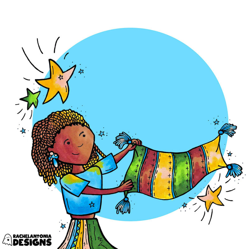 Illustration of a black teenage girl with a blue short sleeved shirt on and her hair pulled back in braids. She is holding a blanket up like she is hanging it to dry