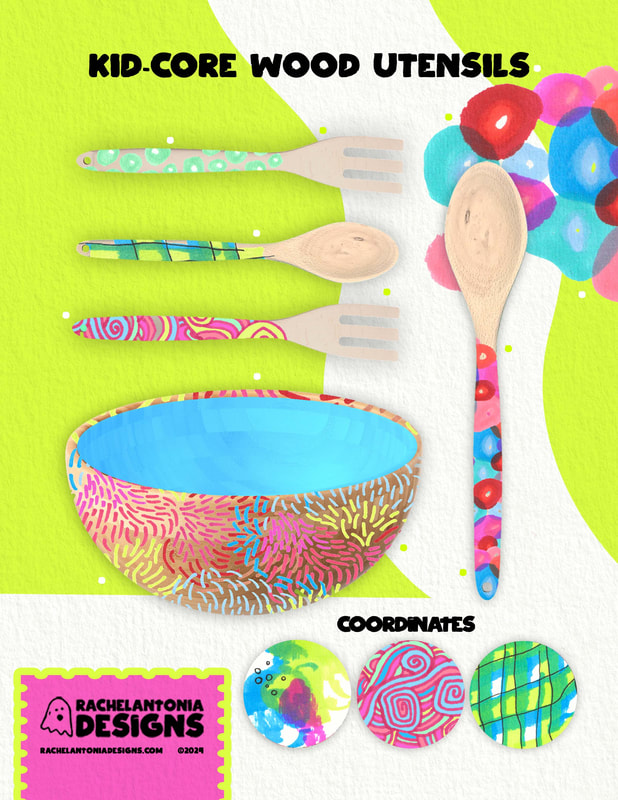 photo of a wooden bowl and spoon and fork collection rachel designed with various colors and patterns 