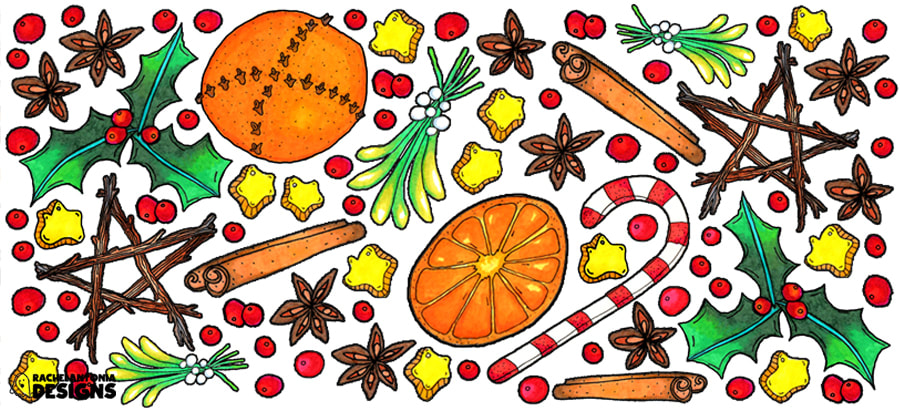 Illustration of oranges, cloves, mistletoe, holly berries, star anise and other Yule imagery